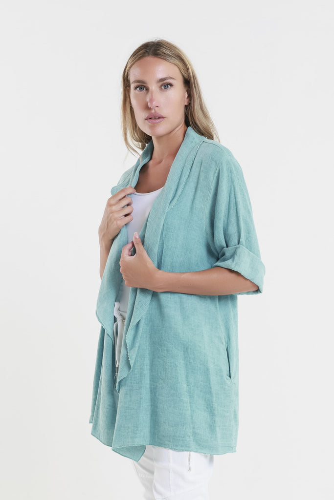 CQ102 328 Teal Enzyme Olivette Gauzy Linen Blend Open Cardi Side