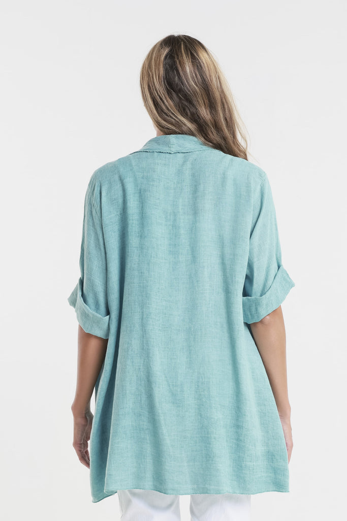 CQ102 328 Teal Enzyme Olivette Gauzy Linen Blend Open Cardi Back