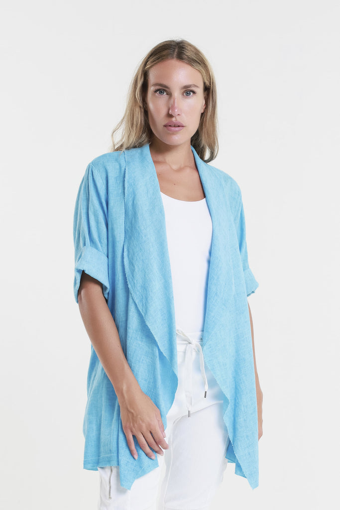 CQ102 447 Turq Enzyme Olivette Gauzy Linen Blend Open Cardi Front 2