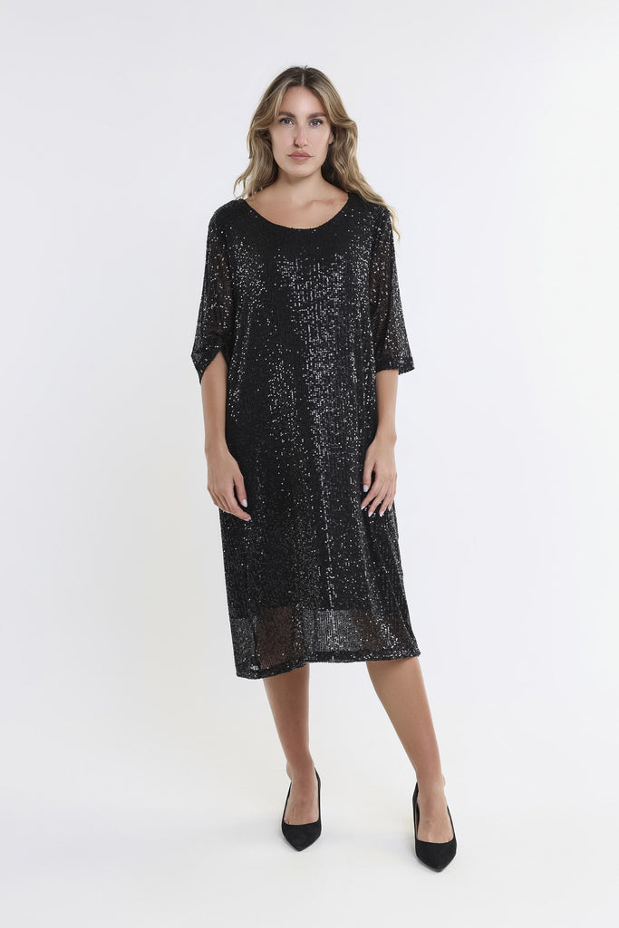 DB503 001 Black Camden Elbow Slv Round Neck Sequin Dress Front