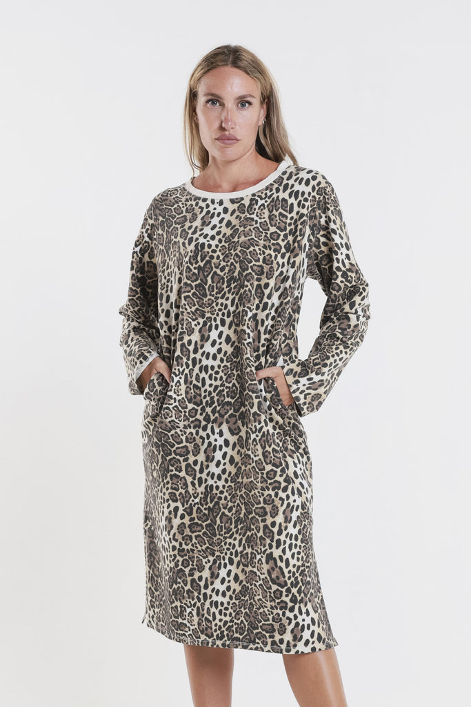 DLS101 Leopard Melinda 250 Beige French Terry LS Side Slit Dress-1