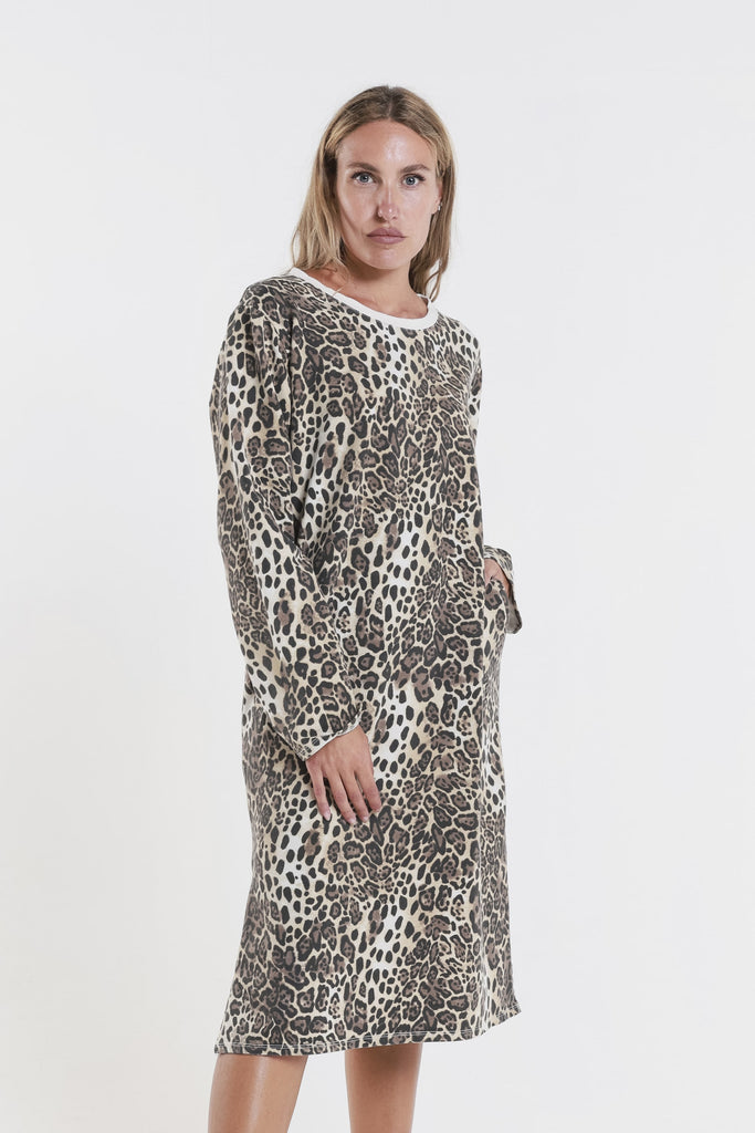 DLS101 Leopard Melinda 250 Beige French Terry LS Side Slit Dress-2