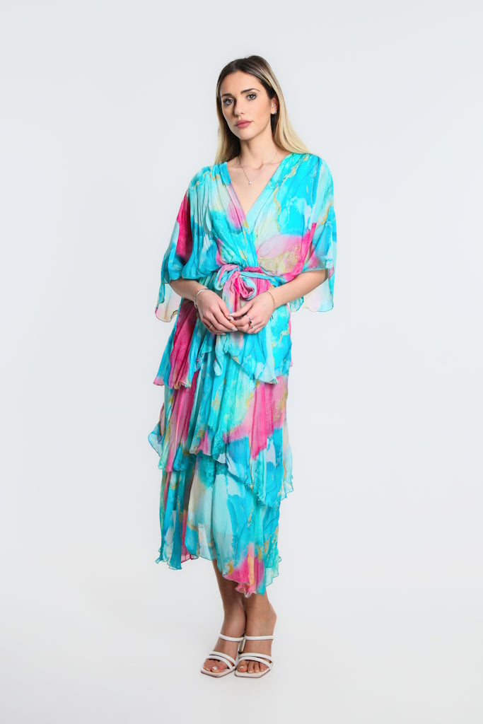 DLS202W-440 Turq Dawn Abstract Watercolor Cross Front Silk Ruffle Dress