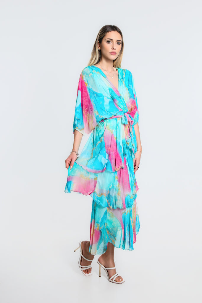DLS202W-440 Turq Dawn Abstract Watercolor Cross Front Silk Ruffle Dress