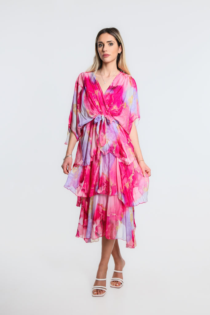 DLS202W-672 Fuchsia Dawn Abstract Watercolor Cross Front Silk Ruffle Dress