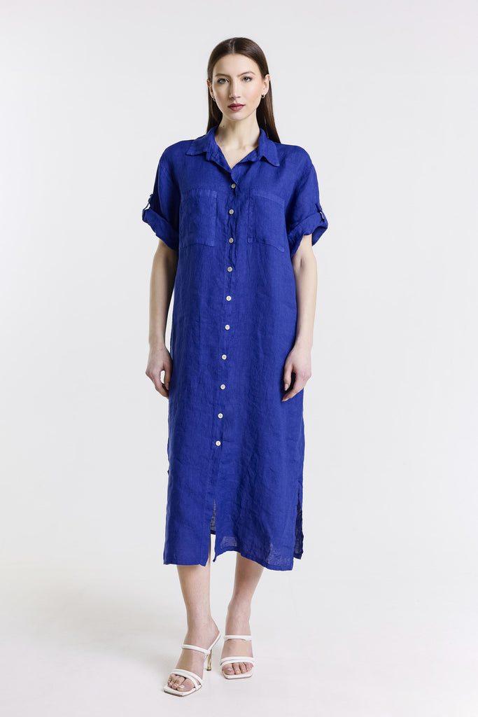 DQ102 401 Cobalt Briar 3/4 Slv Collared Linen Button Frt Dress