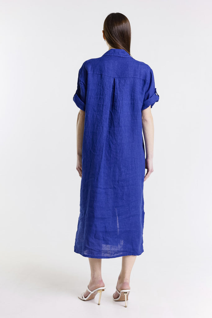 DQ102 401 Cobalt Briar 3/4 Slv Collared Linen Button Frt Dress