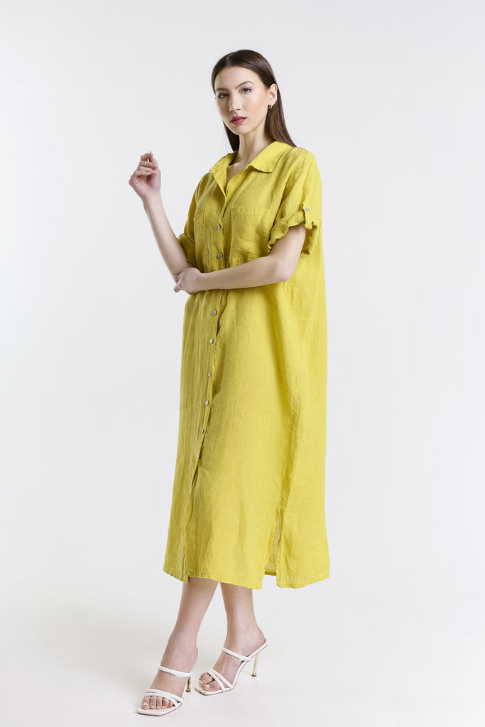 DQ102 701 Mustard Briar 3/4 Slv Collared Linen Button Frt Dress