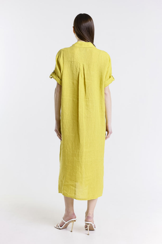 DQ102 701 Mustard Briar 3/4 Slv Collared Linen Button Frt Dress