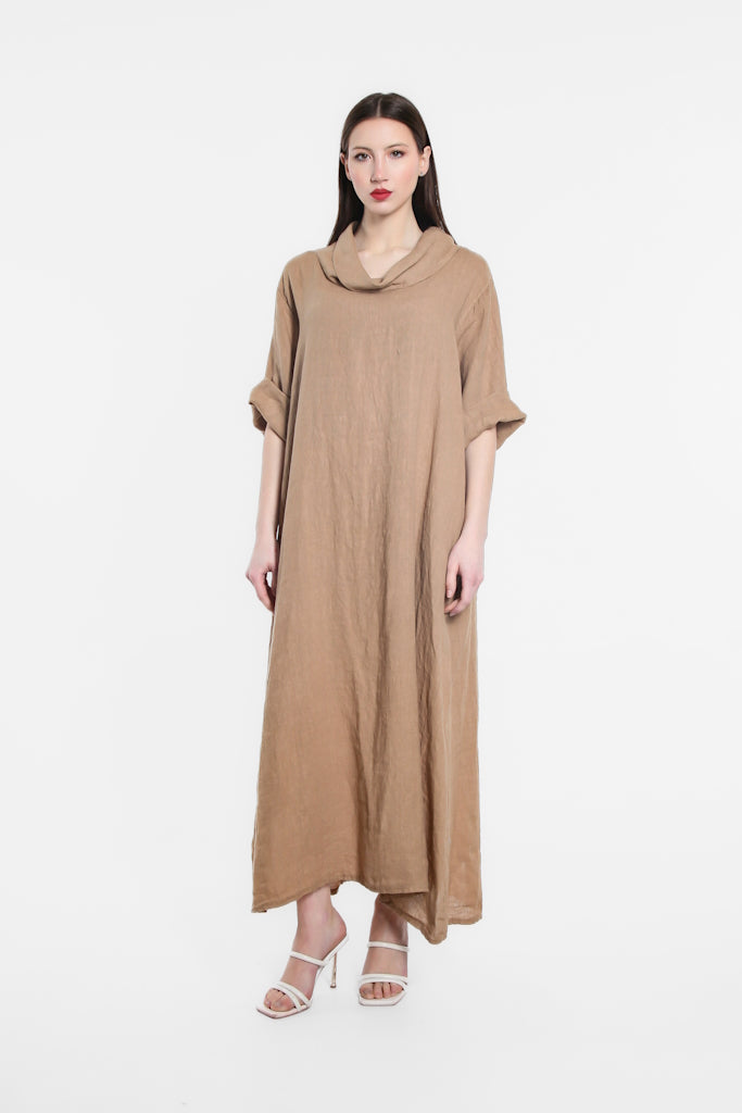 DQ103-258 Camel Pearl Mara Cowl Neck Linen Maxi Dress