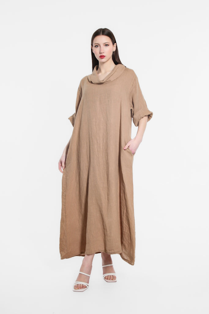 DQ103-258 Camel Pearl Mara Cowl Neck Linen Maxi Dress