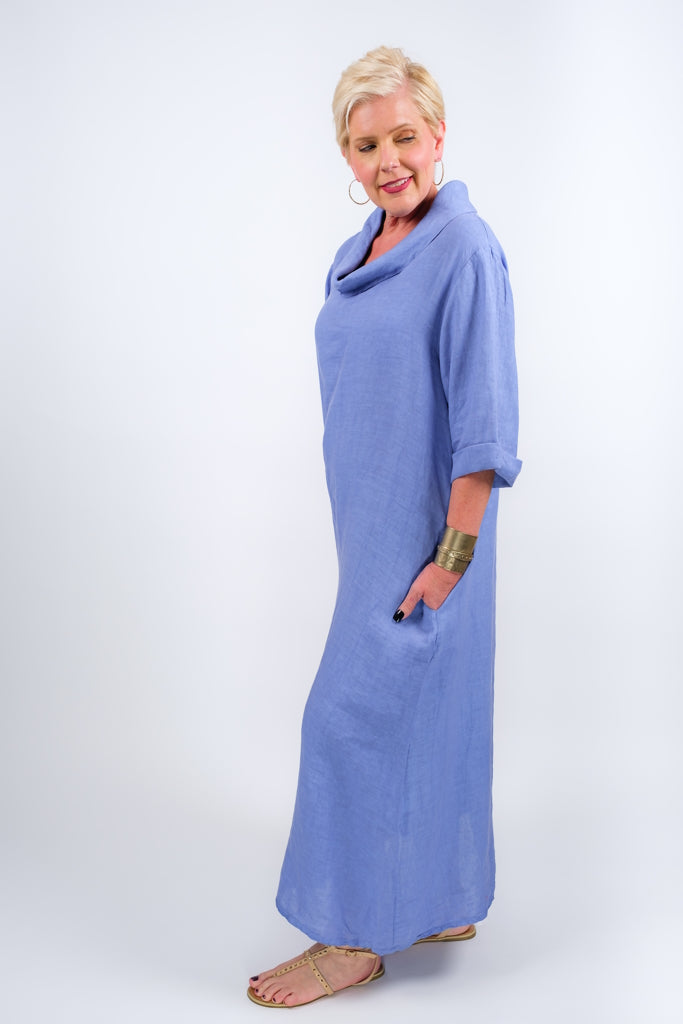 DQ103-439 Salte Blue Mara Cowl Neck Linen Maxi Dress