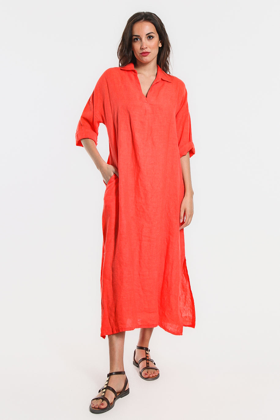 open-collar linen shirt dress linen shirtdress with short sleeves, A-line linen summer dress with classic collar, linen midi shirt dress with belt, casual linen dress EVA