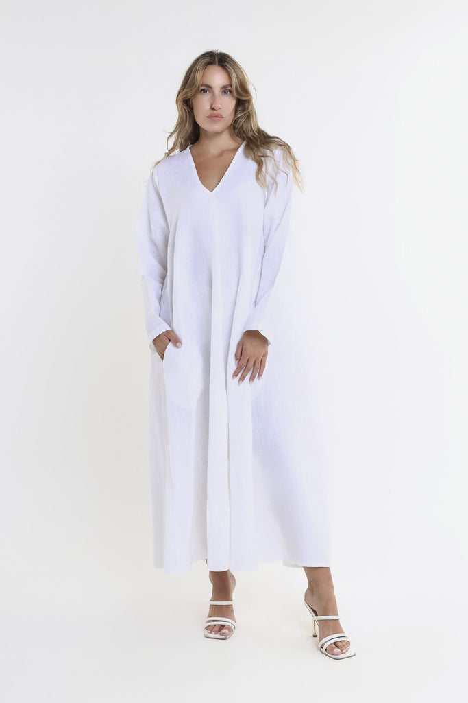 DQ130 100 White Jo 3/4 Slv V-Neck Long Linen Dress-1