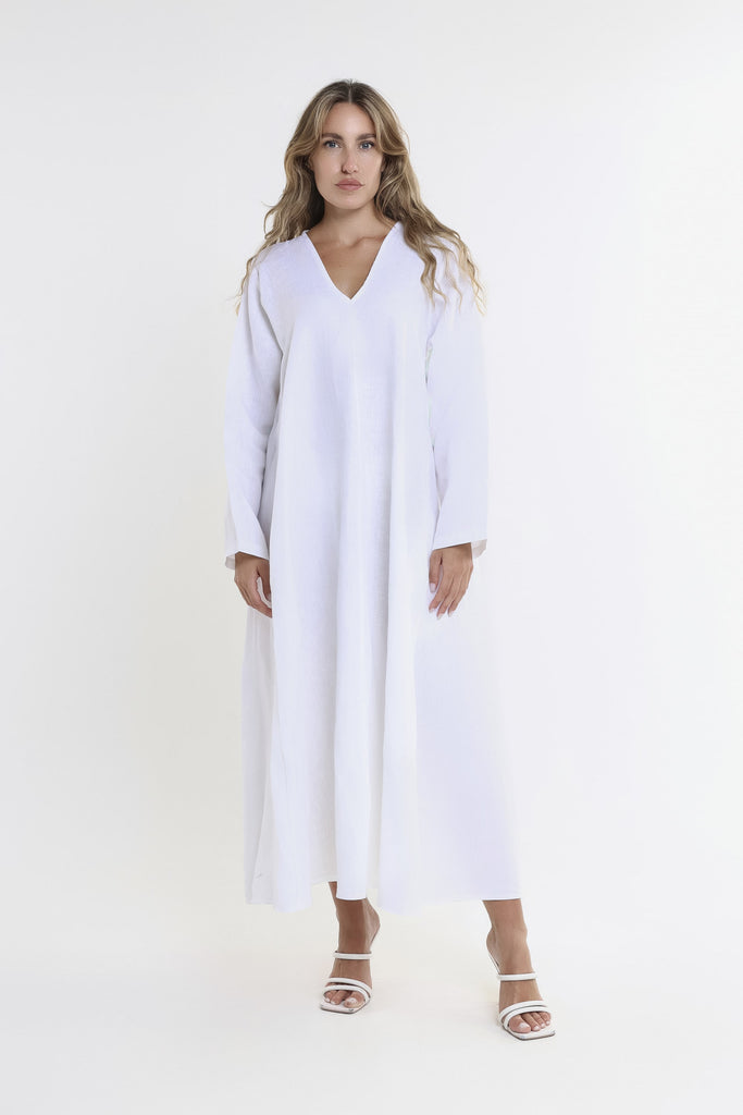 DQ130 100 White Jo 3/4 Slv V-Neck Long Linen Dress-2