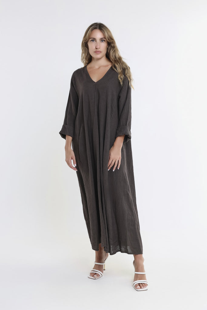 DQ130 202 Espresso Jo 3/4 Slv V-Neck Long Linen Dress-1