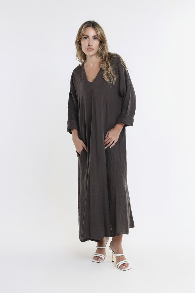 DQ130 202 Espresso Jo 3/4 Slv V-Neck Long Linen Dress-2