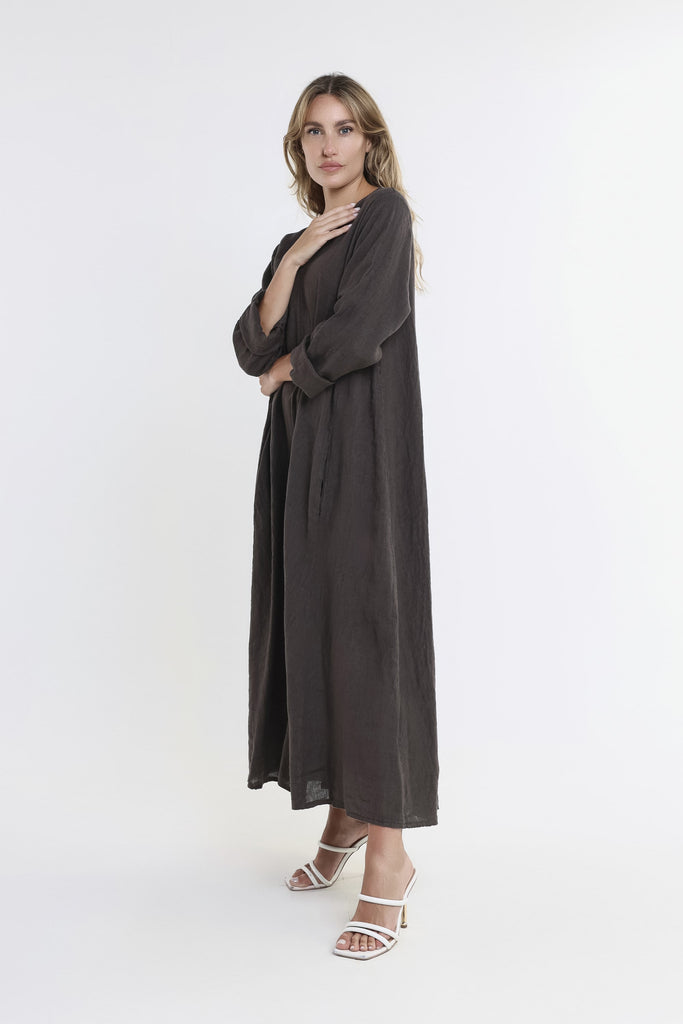 DQ130 202 Espresso Jo 3/4 Slv V-Neck Long Linen Dress-3