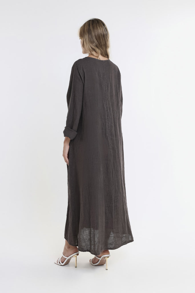 DQ130 202 Espresso Jo 3/4 Slv V-Neck Long Linen Dress-4