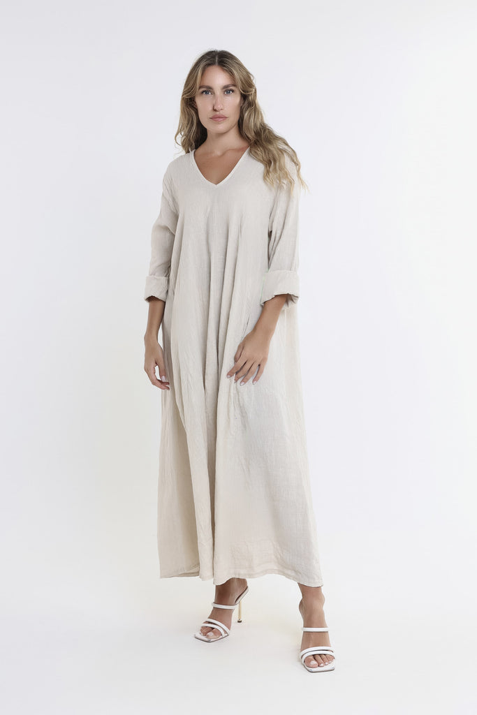 DQ130 250 Beige Jo 3/4 Slv V-Neck Long Linen Dress-1