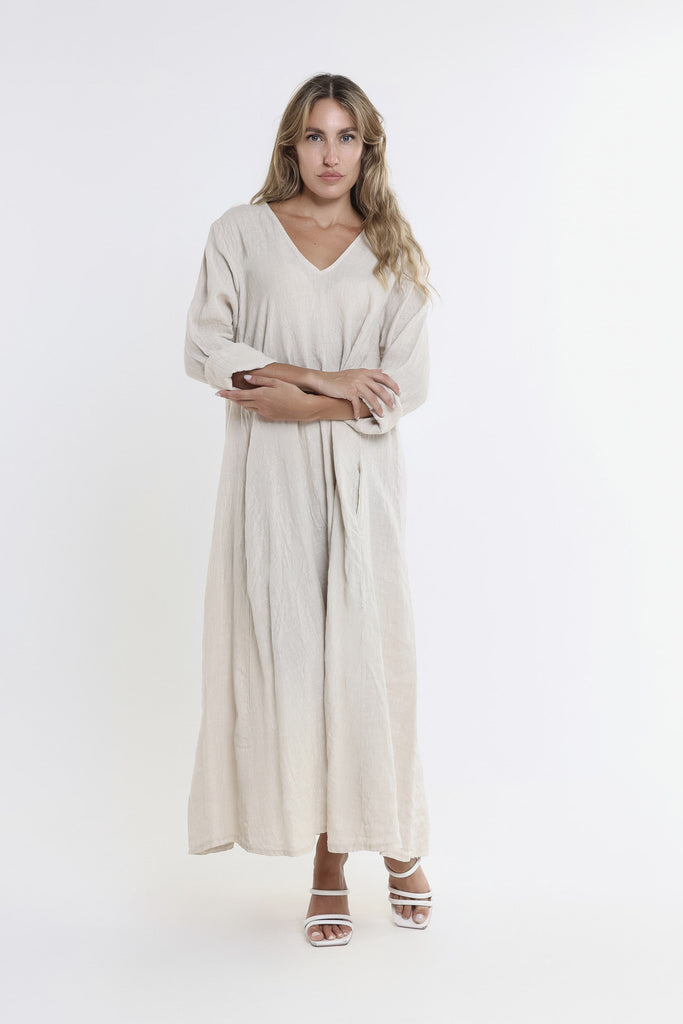 DQ130 250 Beige Jo 3/4 Slv V-Neck Long Linen Dress-2