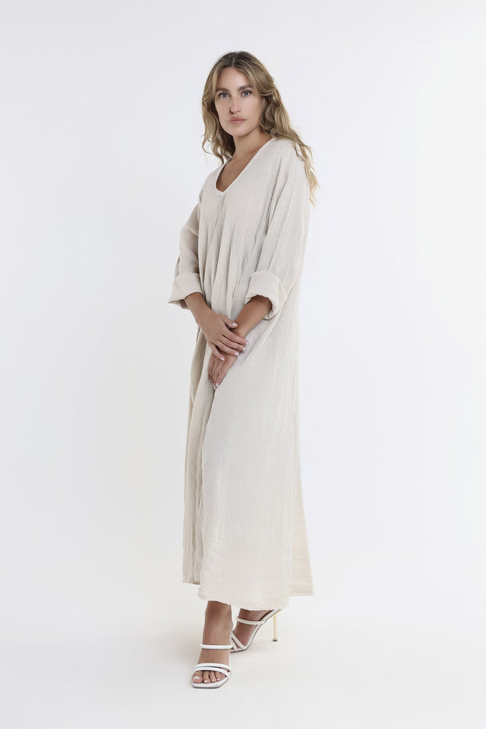 DQ130 250 Beige Jo 3/4 Slv V-Neck Long Linen Dress-3