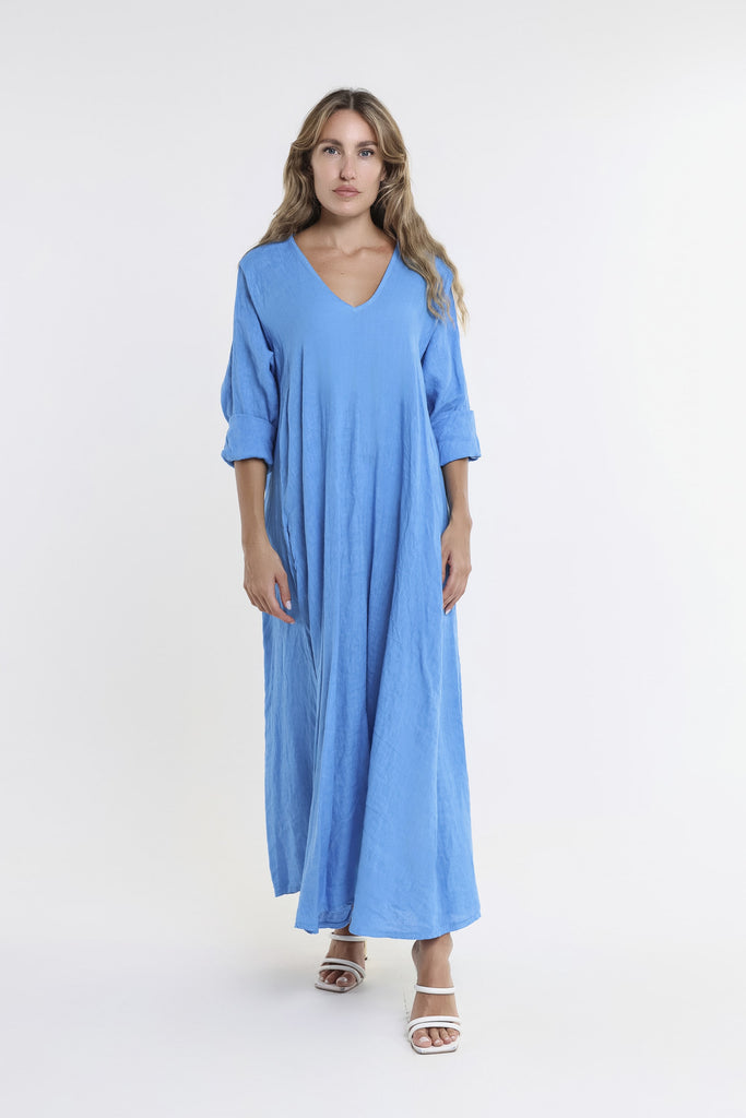 DQ130 408 Regatta Blue Jo 3/4 Slv V-Neck Long Linen Dress-1