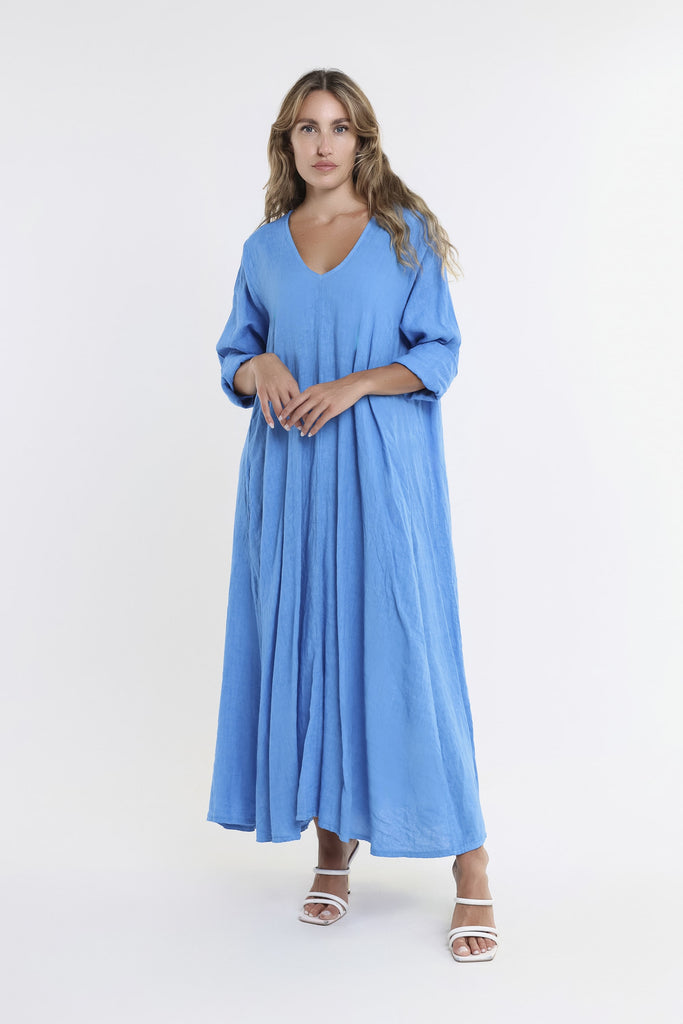 DQ130 408 Regatta Blue Jo 3/4 Slv V-Neck Long Linen Dress-2