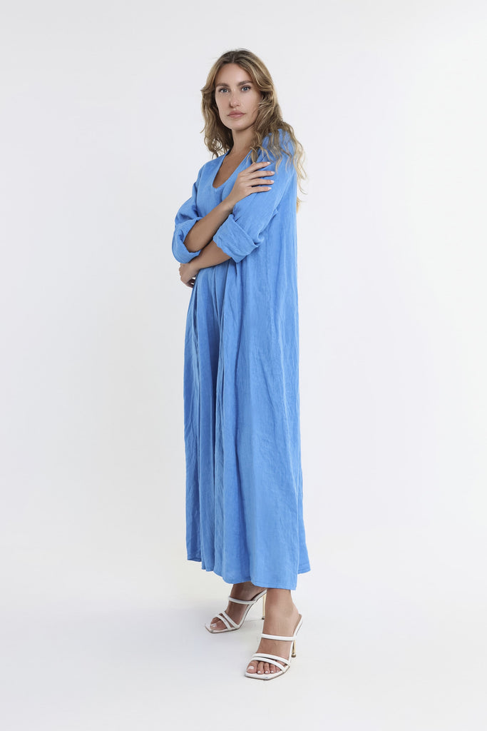 DQ130 408 Regatta Blue Jo 3/4 Slv V-Neck Long Linen Dress-3