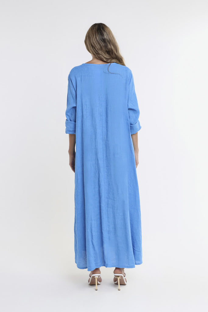 DQ130 408 Regatta Blue Jo 3/4 Slv V-Neck Long Linen Dress-4