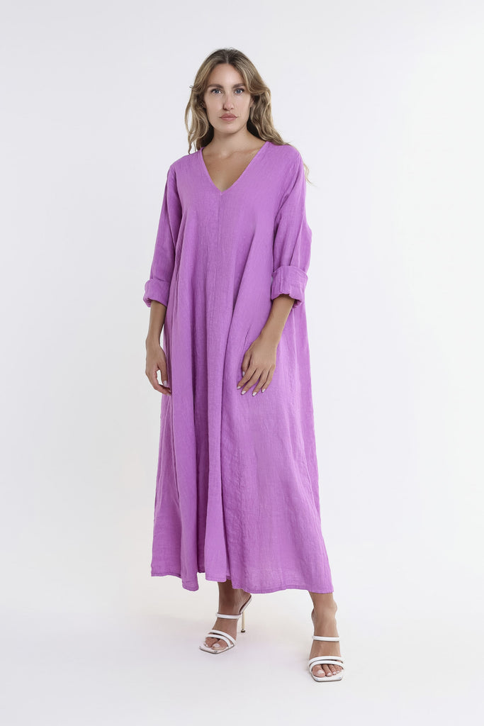 DQ130 512 Lavender Jo 3/4 Slv V-Neck Long Linen Dress-1