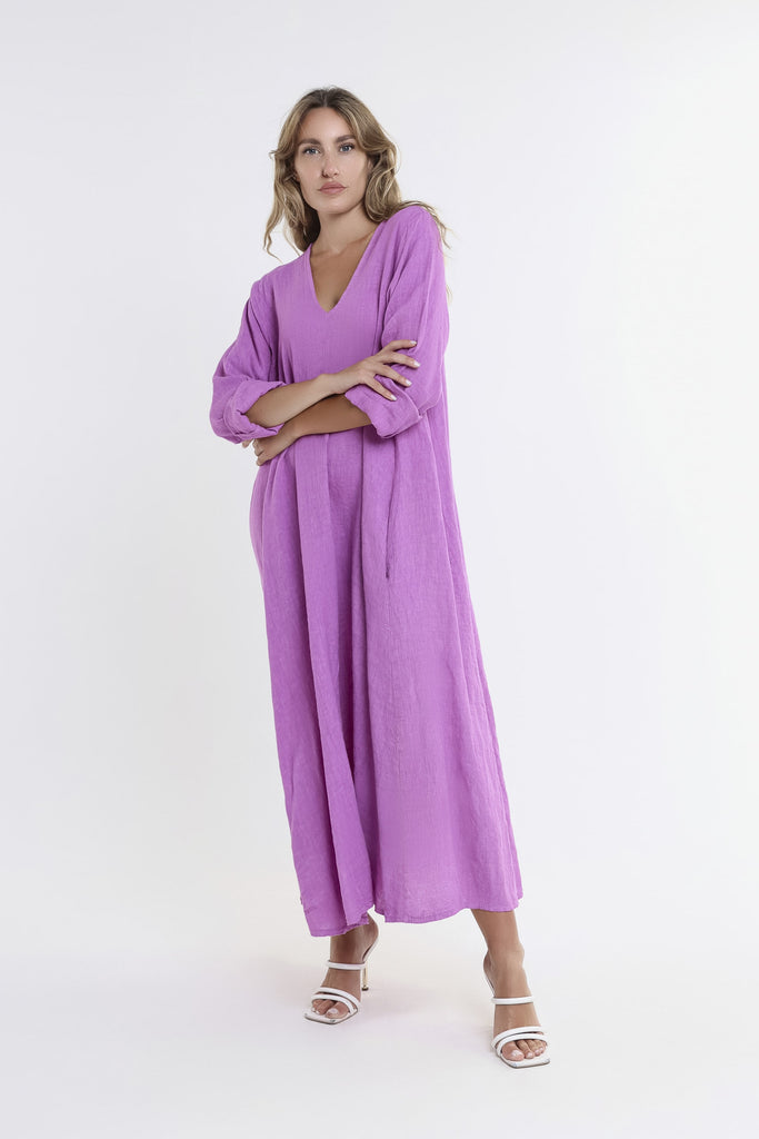 DQ130 512 Lavender Jo 3/4 Slv V-Neck Long Linen Dress-2