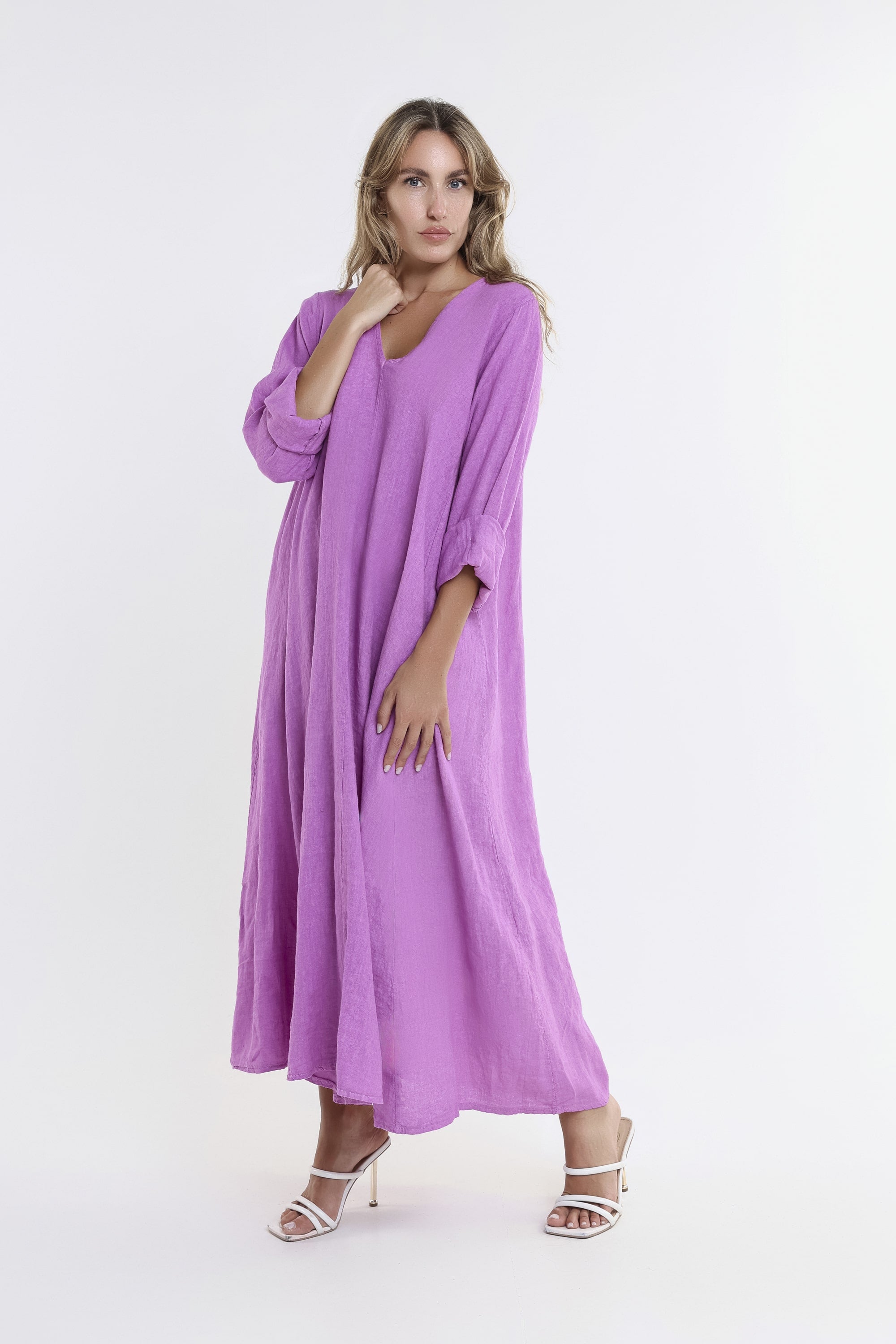 Jo 3/4 Sleeve V-Neck Long Linen Dress (DQ130) 600 Red / One Size Jo 3/4 Sleeve V-Neck Long Linen Dress (DQ130) 600 Red / One Size