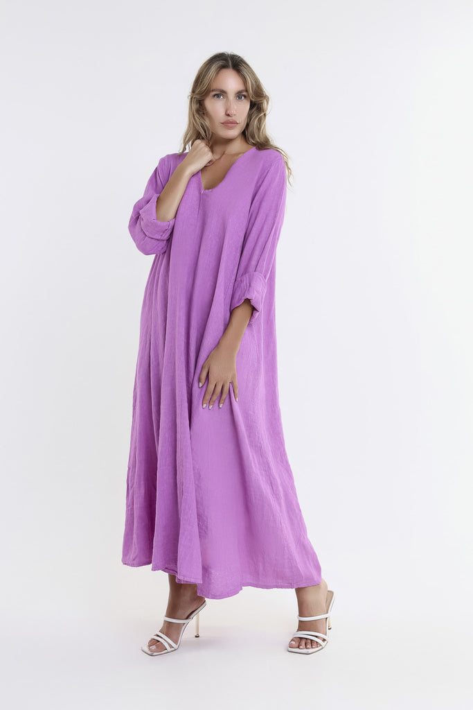 DQ130 512 Lavender Jo 3/4 Slv V-Neck Long Linen Dress-3