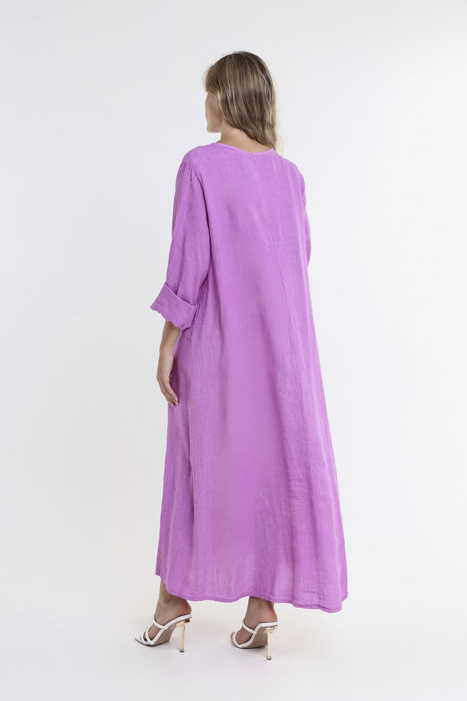 DQ130 512 Lavender Jo 3/4 Slv V-Neck Long Linen Dress-4