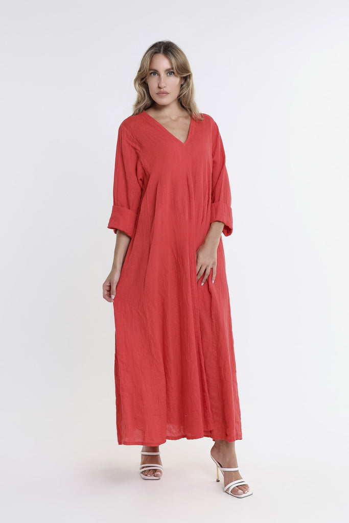 DQ130 600 Red Jo 3/4 Slv V-Neck Long Linen Dress-1