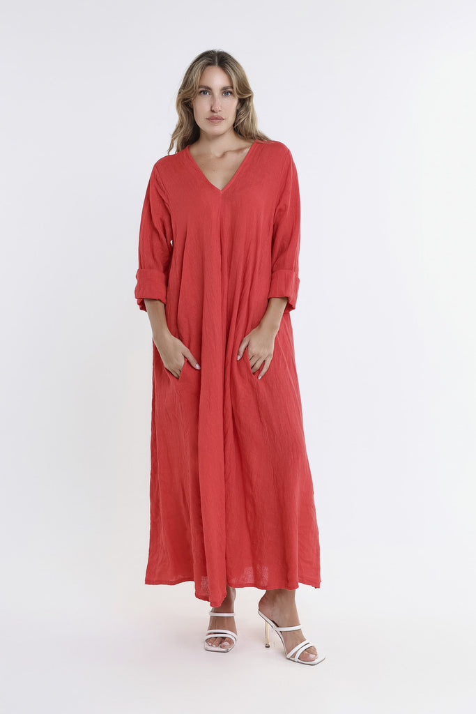 DQ130 600 Red Jo 3/4 Slv V-Neck Long Linen Dress-2