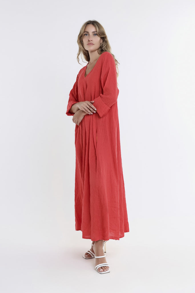 DQ130 600 Red Jo 3/4 Slv V-Neck Long Linen Dress-3