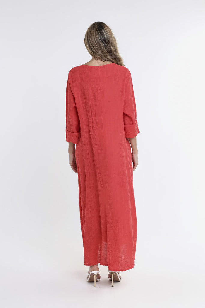 DQ130 600 Red Jo 3/4 Slv V-Neck Long Linen Dress-4