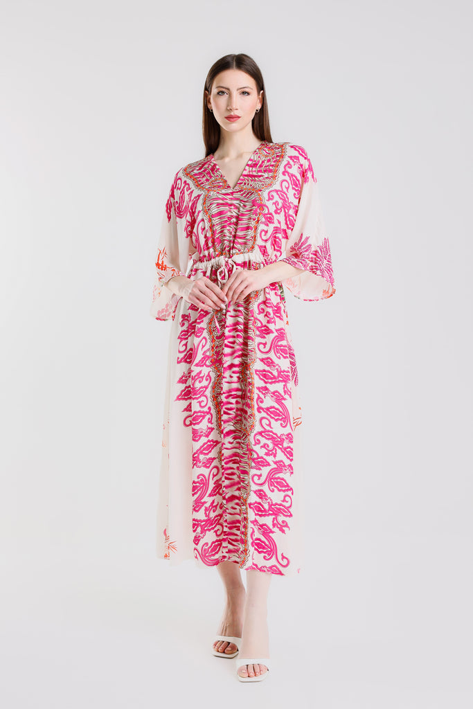DQ201F 672 Fuchsia Floral Taylor 3/4 Slv Kaftan Dress