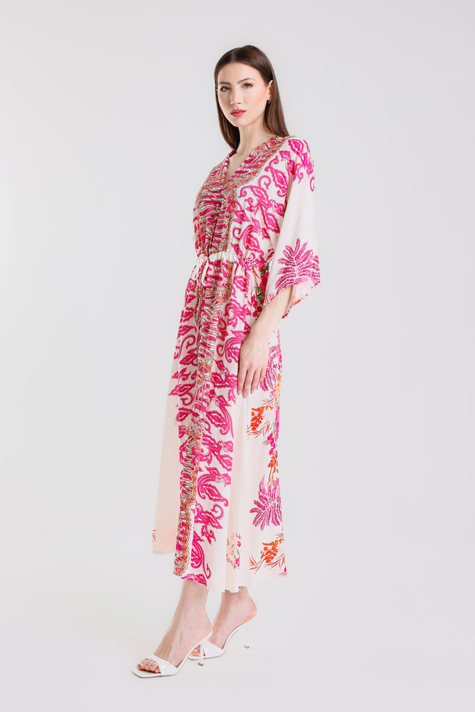 DQ201F 672 Fuchsia Floral Taylor 3/4 Slv Kaftan Dress