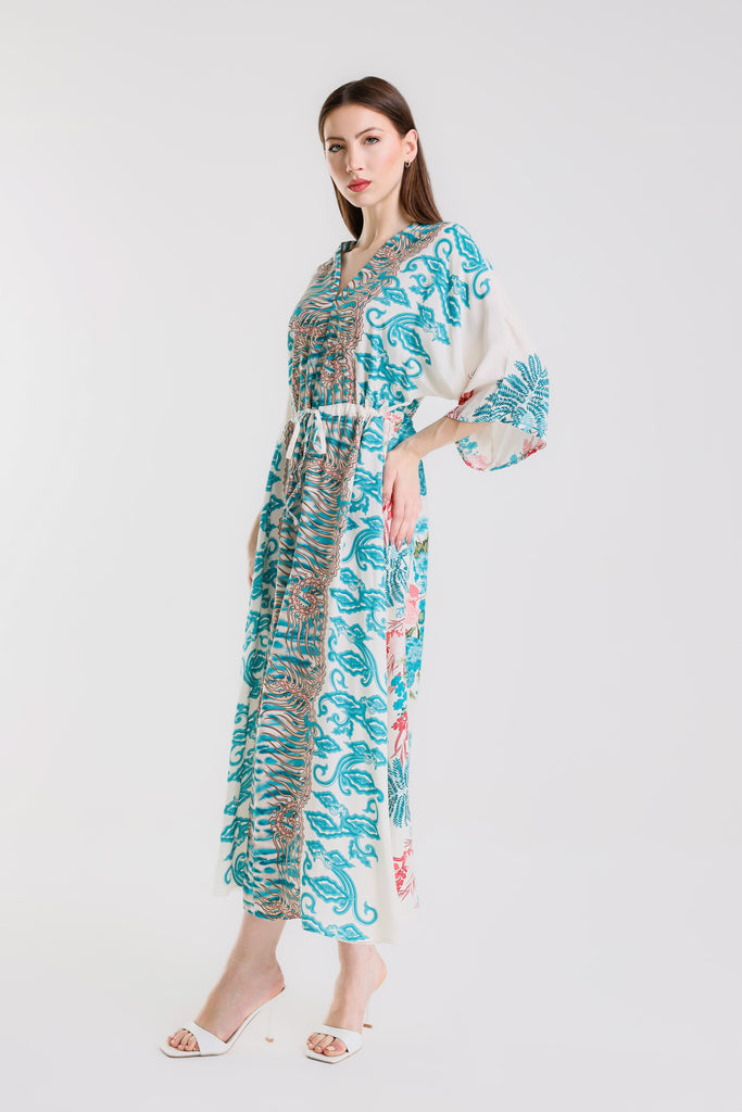 DQ201F 440 Turq Floral Taylor 3/4 Slv Kaftan Dress