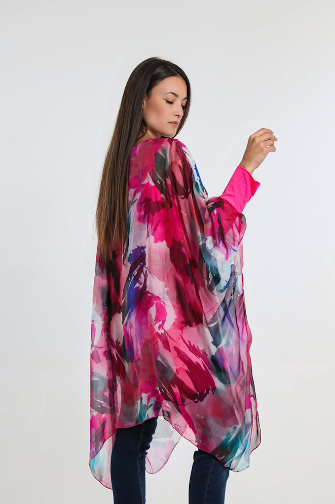 DQ202L-672 Fuchsia Alessia Falling Leaves Silk Kaftan Dress