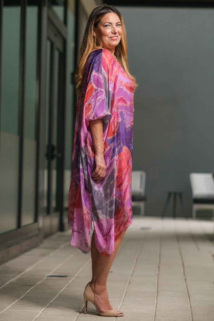DQ202LW-534 Lilac Lily Watercolor Alessia Silk Kaftan Dress