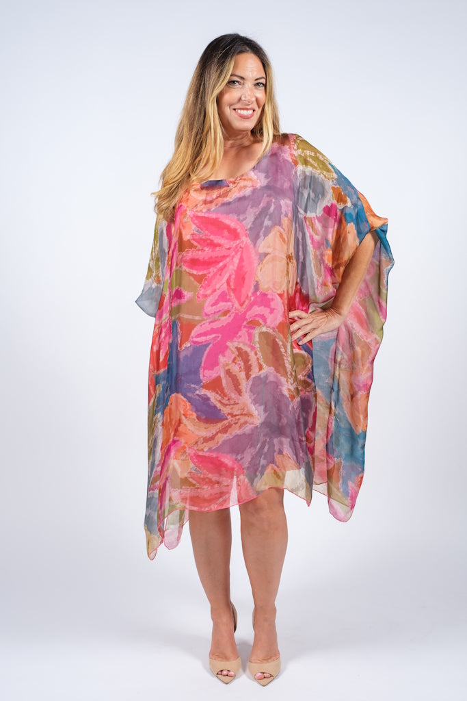 DQ202LW-672 Fuchsia Lily Watercolor Alessia Silk Kaftan Dress