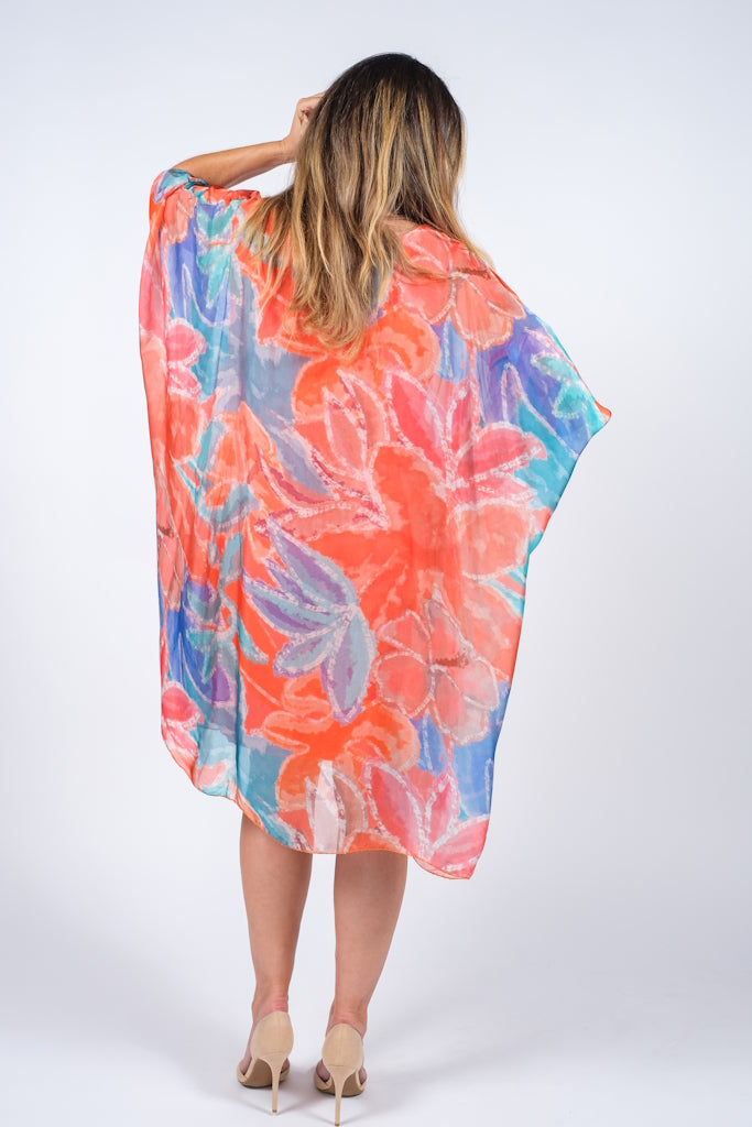 DQ202LW-810 Coral Lily Watercolor Alessia Silk Kaftan Dress