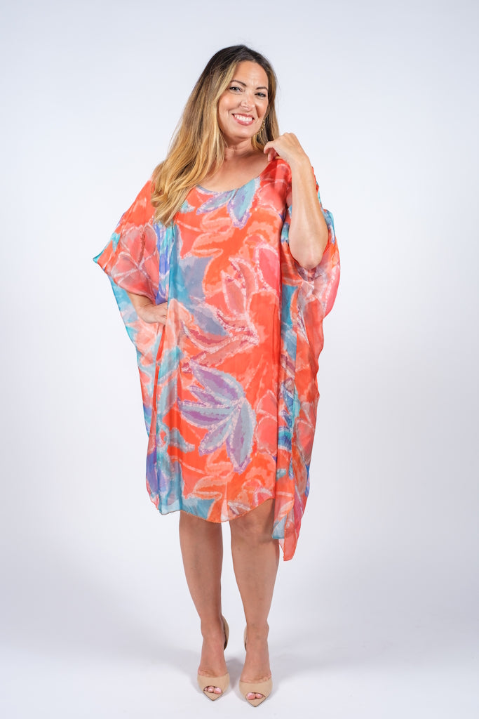 DQ202LW-810 Coral Lily Watercolor Alessia Silk Kaftan Dress