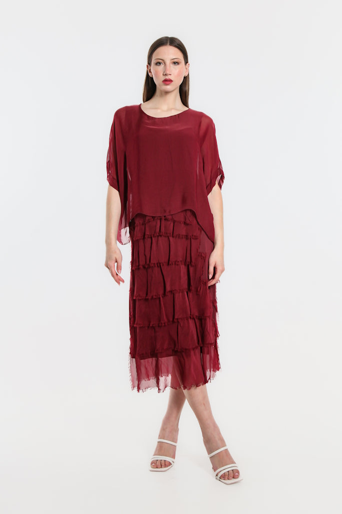 DQ206-602 Burgundy Gail Tiered Ruffle Dress