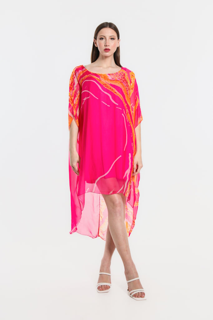 DQ208L-672 Fuchsia Corinn Lava Hi-Low Silk Dress