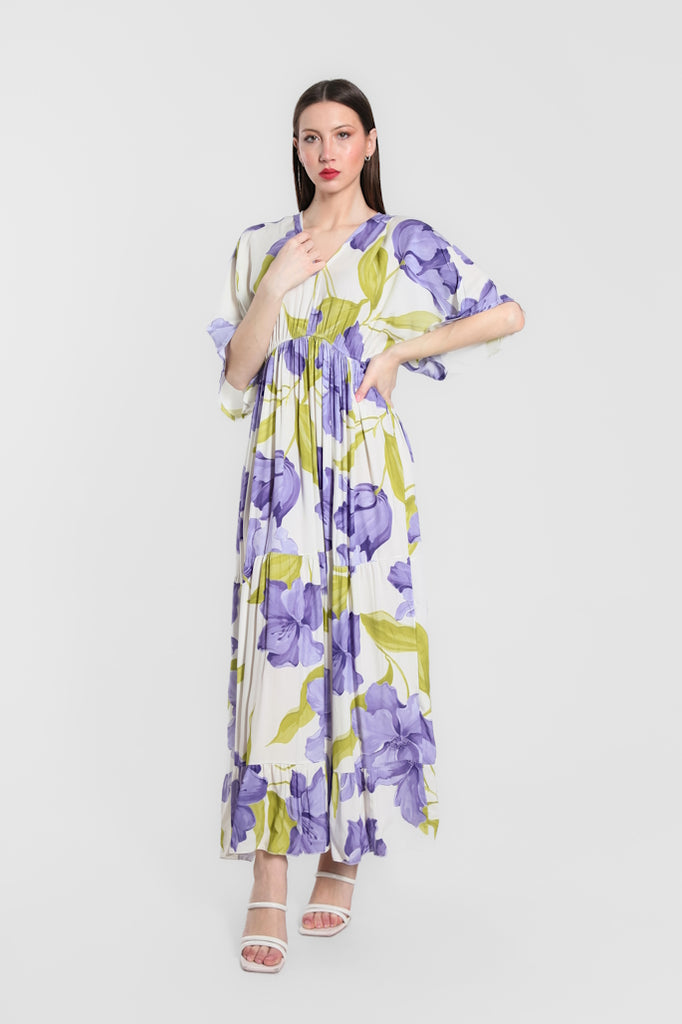 DQ209R-437 Periwinkle Iris Sandra 3/4 Sleeve Viscose  Maxi Dress